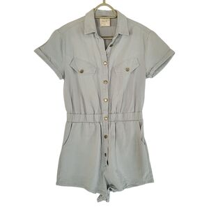 Style Rack Button Front 100% Cotton Romper - Muted Blue Grey, Small Boho Safari